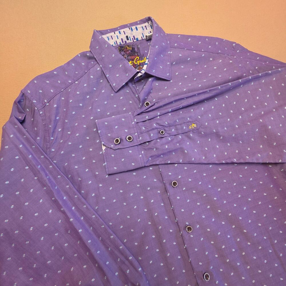 Robert Graham Purple Button Shirt Blue Geometric Micro Print Sz Large